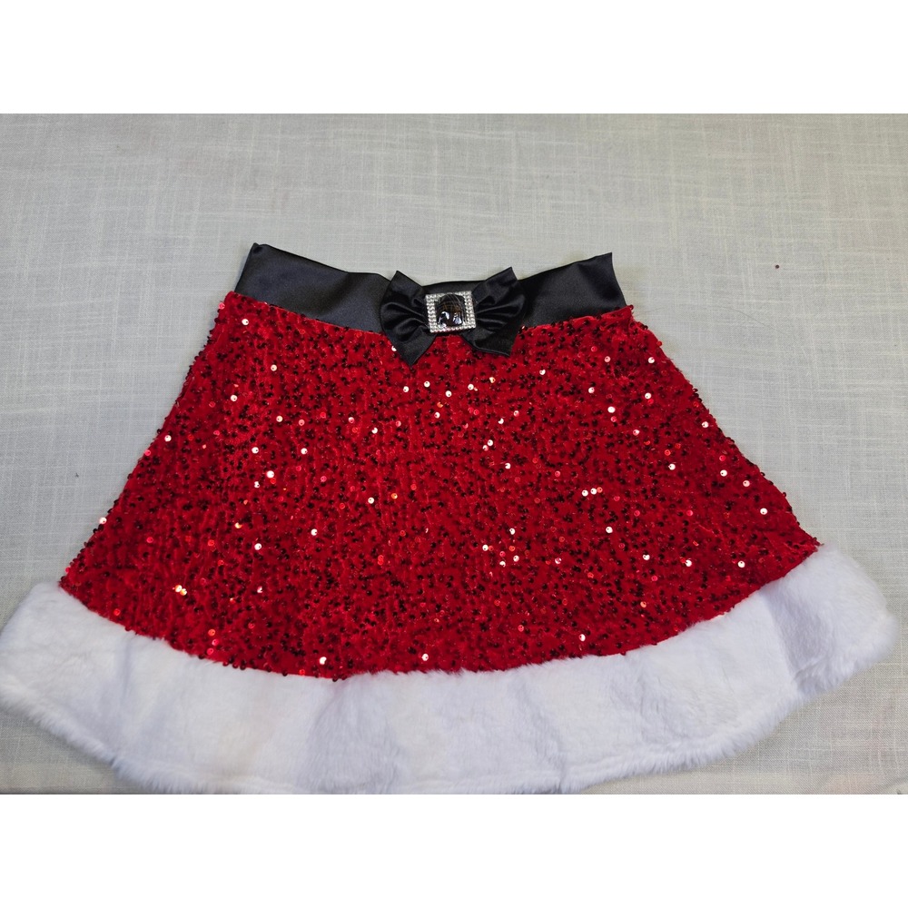 Jolly & Cupid Red Sequin Christmas Mini Skirt Faux Fur Trim Bow Size Medium